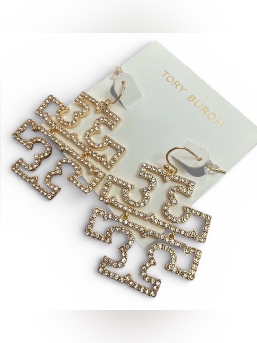Tory Burch Gold Crystal Double-Tier Logo Drop Earrings